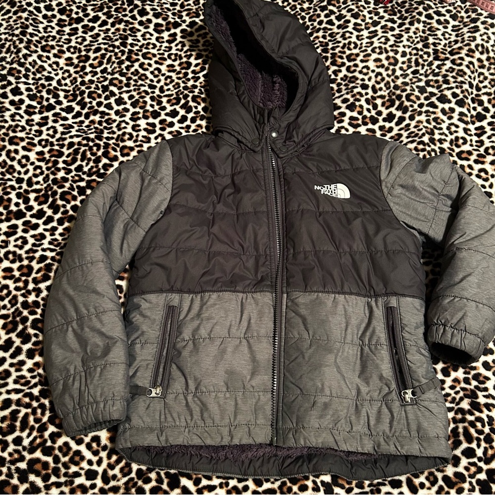 Boys Medium (10) Reversible Grey North Face Coat with Detachable Hood